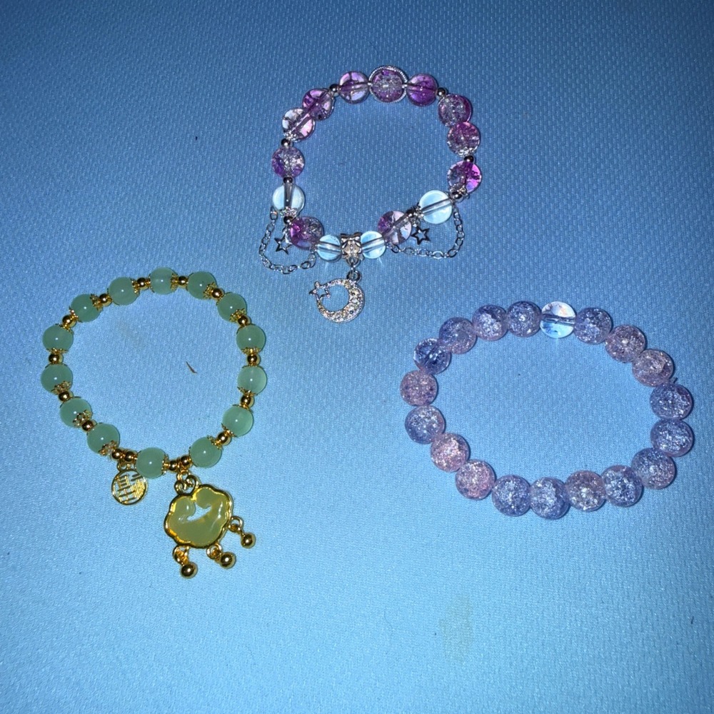 Beaded Bracelet Set NEW Celestial Moon Star Green Purple 3pc